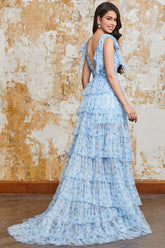 Prinzessin A Linie V-Ausschnitt Blaues langes Ballkleid mit Rüschen und schlitz